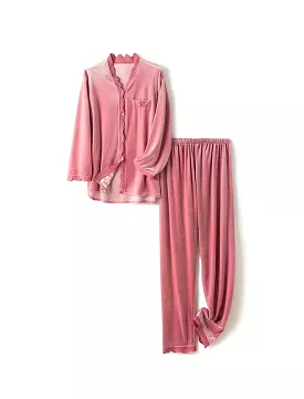 Velvet Lace Trim Long Sleeve Top and Trousers Sleepwear Set