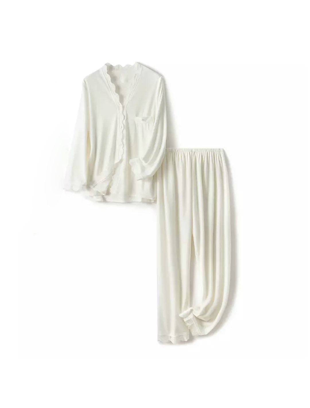 Velvet Lace Trim Long Sleeve Top and Trousers Sleepwear Set