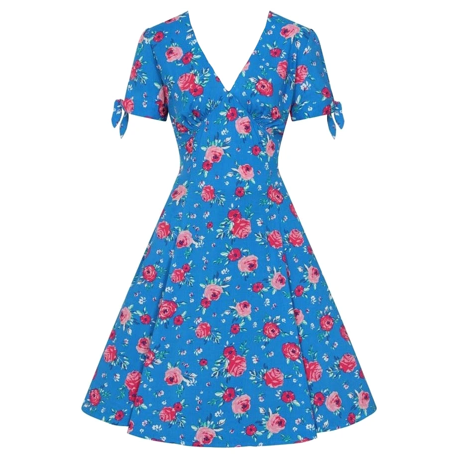 Vibrant Blue Pink Floral Fit And Flare Swing Dress