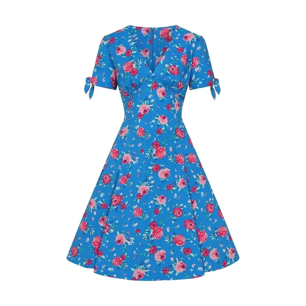 Vibrant Blue Pink Floral Fit And Flare Swing Dress