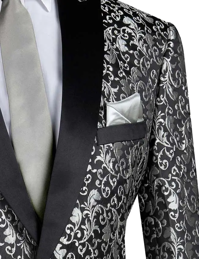 Vinci Regular Fit Floral Pattern Jacket Peak Lapel (Silver) BF-2