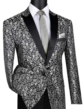 Vinci Regular Fit Floral Pattern Jacket Peak Lapel (Silver) BF-2