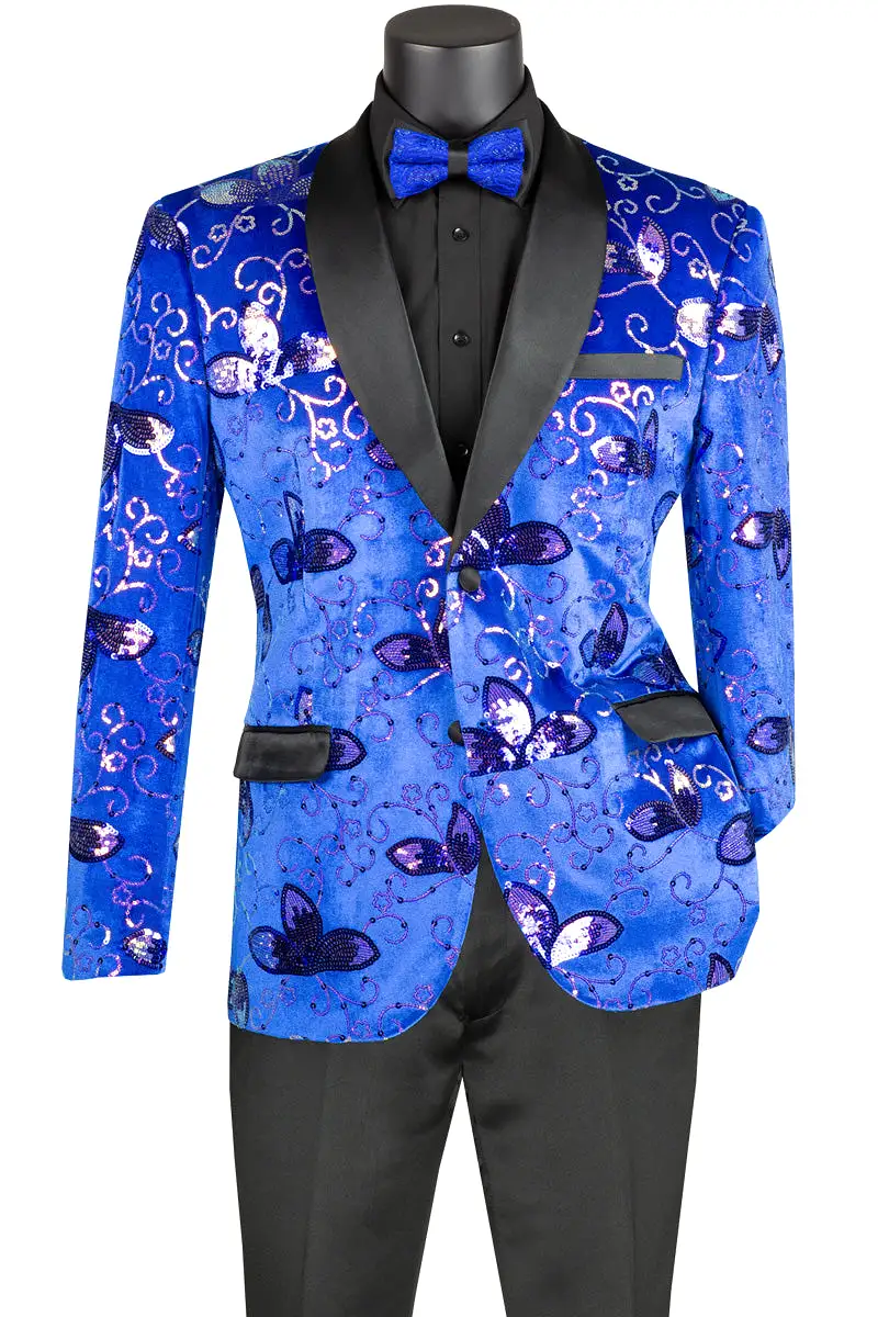 Vinci Slim Fit Velvet Sequin Floral Pattern Jacket (Royal) BSQ-4