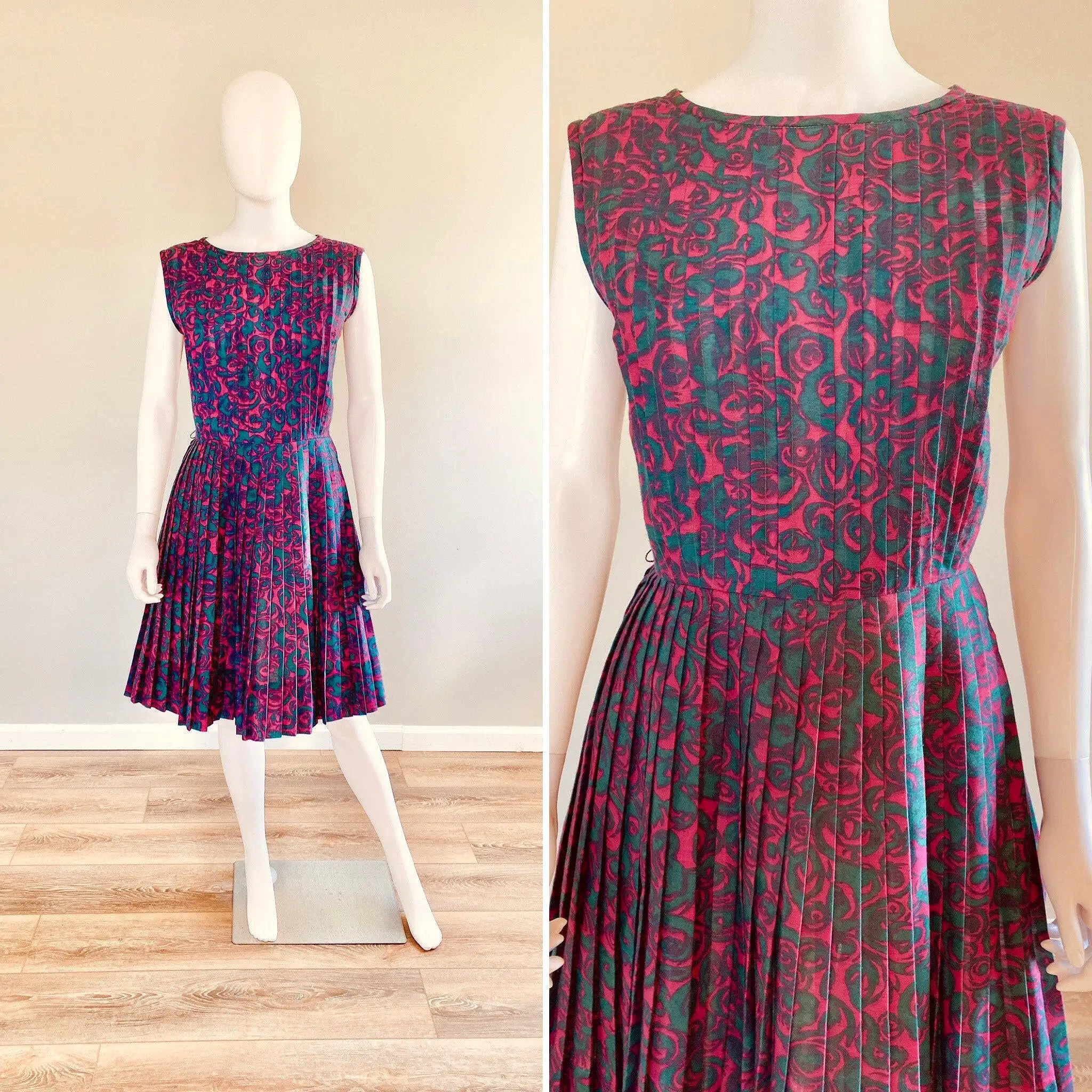 Vintage 1960s Magenta Scroll Print Day Dress /60 retro tuxedo front cotton dress / size S M