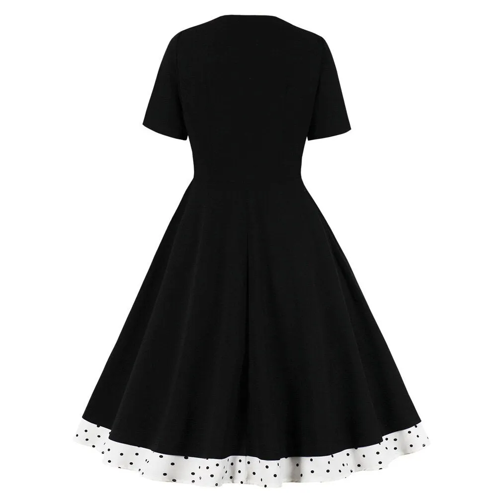 Vintage 50s 60s Retro Black Polka Dot Pin Up Short Sleeve Bow Knot Party Dresses