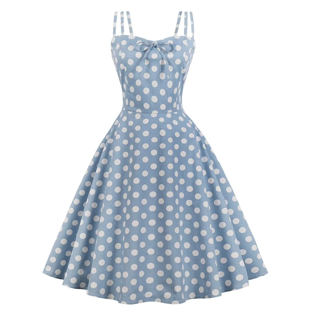 Vintage 50s 60s Retro Cotton Women Summer Spaghetti Strap Swing Blue Polka Dot Dress Sundresses