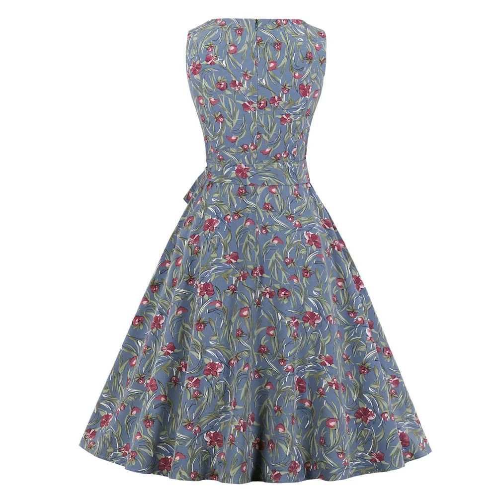 Vintage 50s 60s Retro Summer Sleeveless Robe Pin Up Swing Short Floral Dress