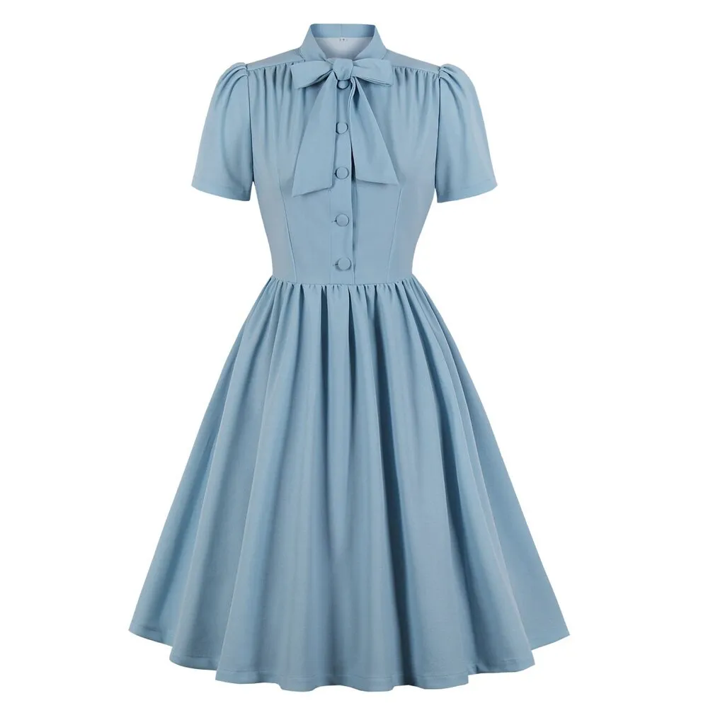 Vintage 50s 60s Retro Women Summer Short Sleeve Button Robe Pin Up Swing Office Ladies Dresses