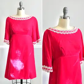 Vintage late 1960s Hot Pink Velvet Mini Dress / retro babydoll empire waist party holiday scooter dress size XS S