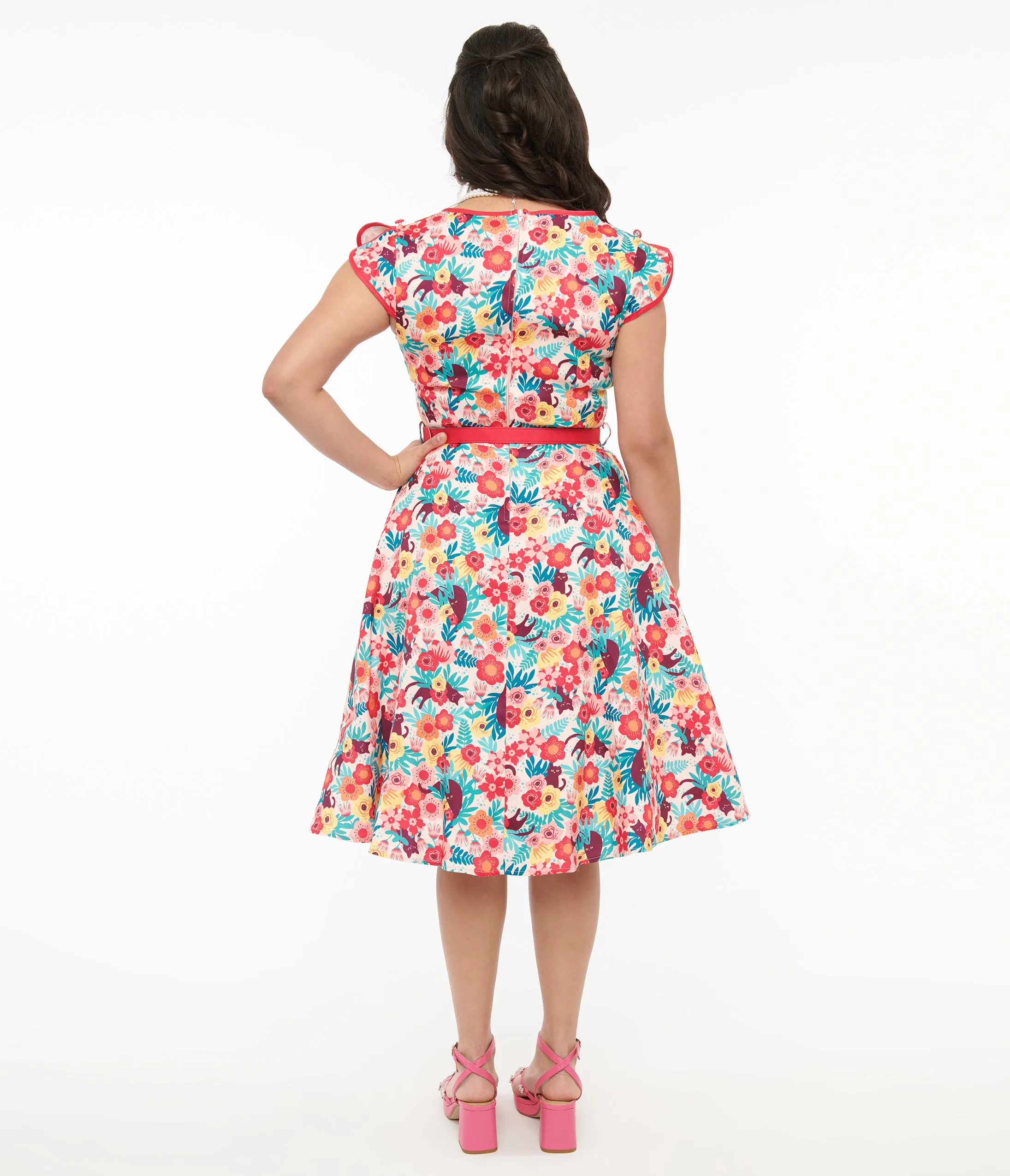 Voodoo Vixen 1950s Multicolor Floral Cat Print Fit & Flare Dress