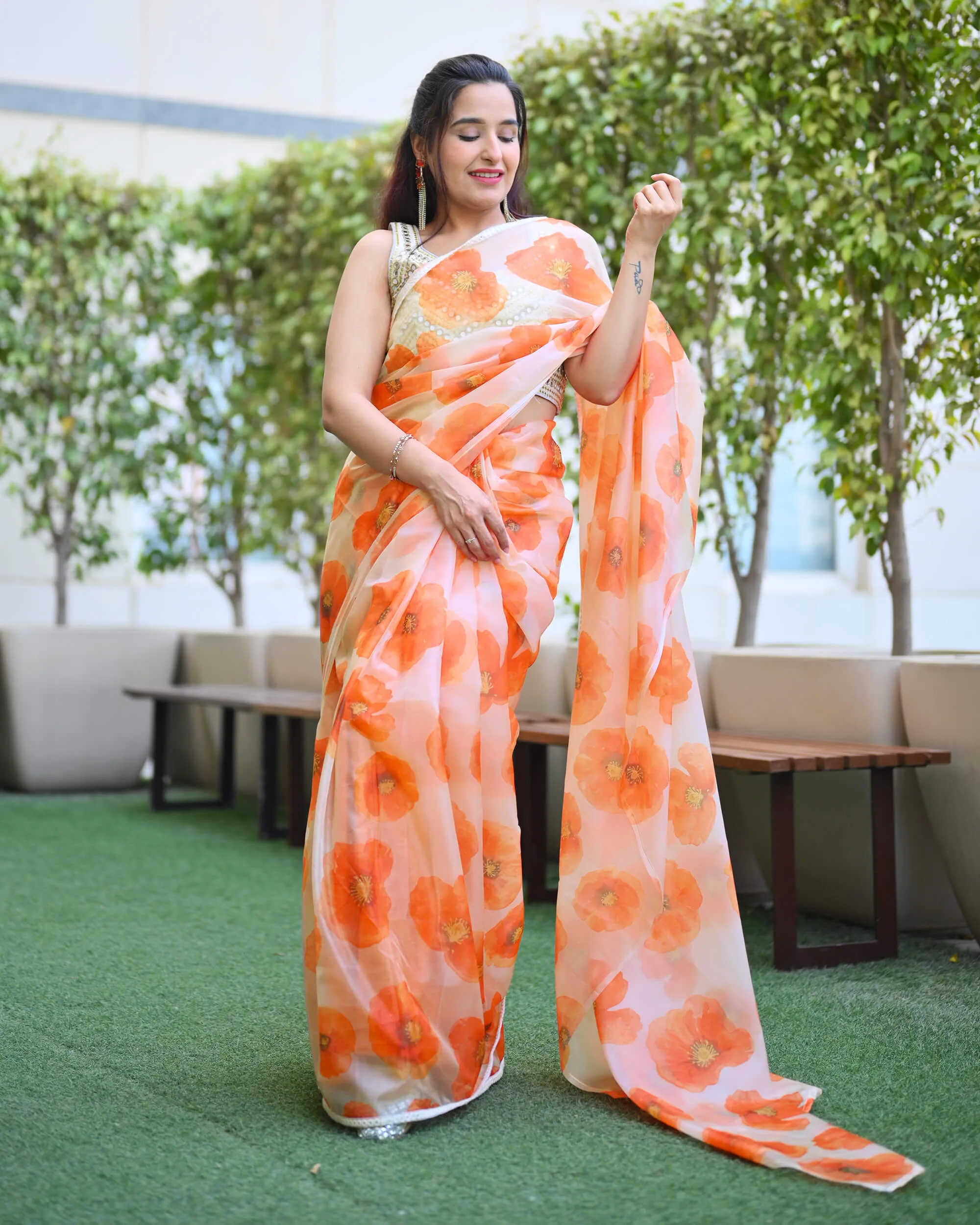 White And Orange Floral Pattern Liquid Organza Saree With Foil Mirror Wrok Lace Border