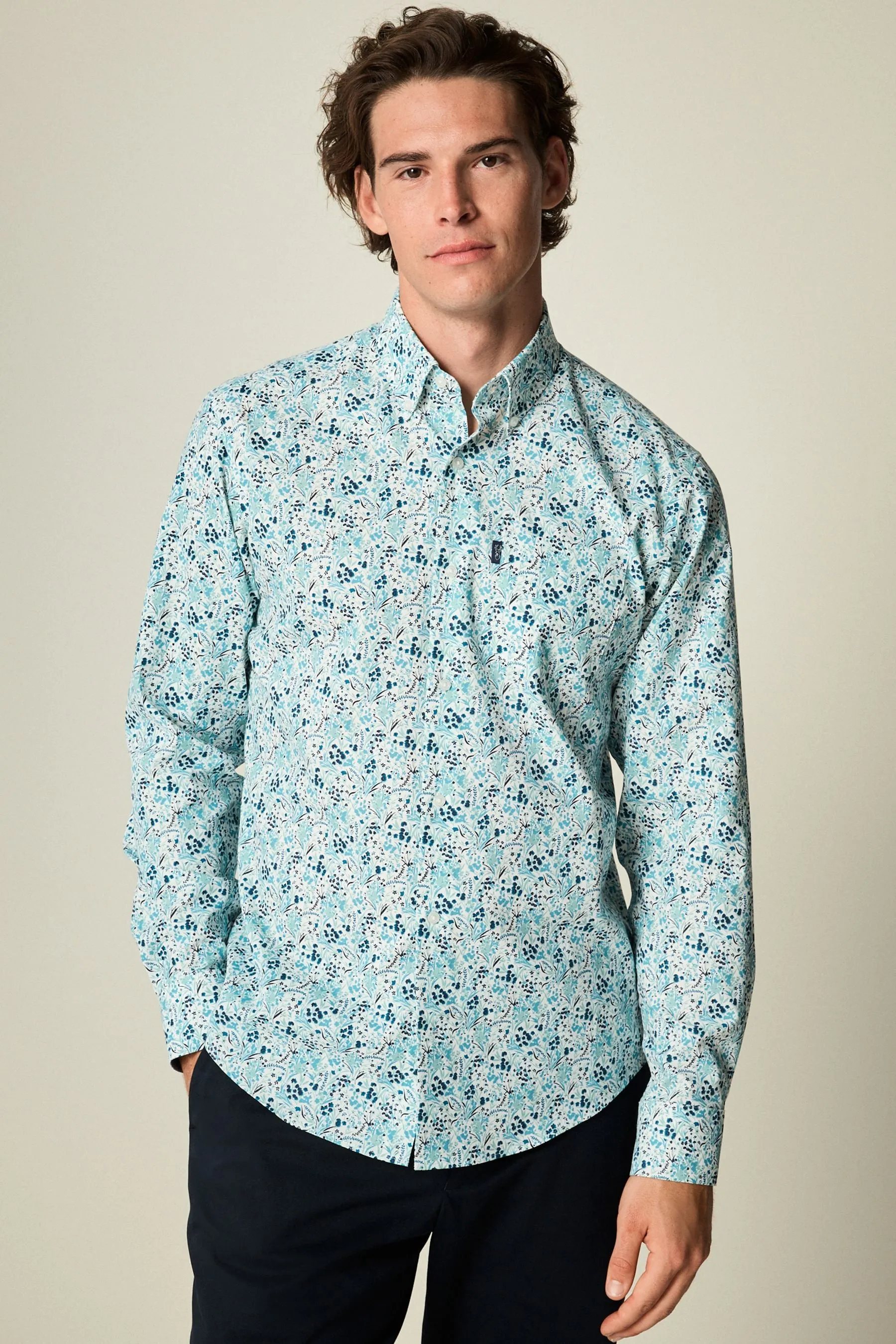 White/Blue Ditsy Floral Regular Fit Easy Iron Long Sleeve Single Cuff Printed Oxford Shirt