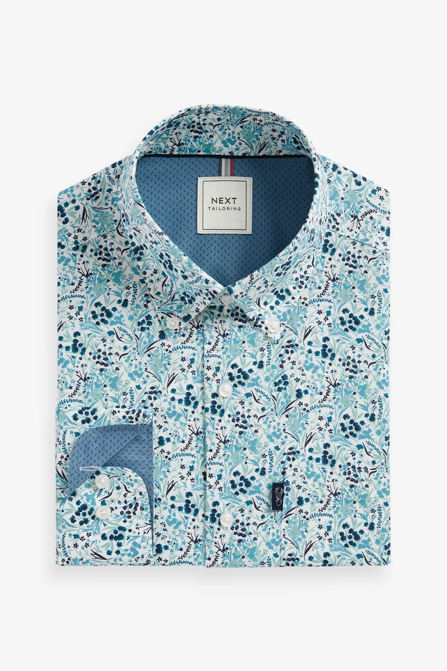 White/Blue Ditsy Floral Regular Fit Easy Iron Long Sleeve Single Cuff Printed Oxford Shirt