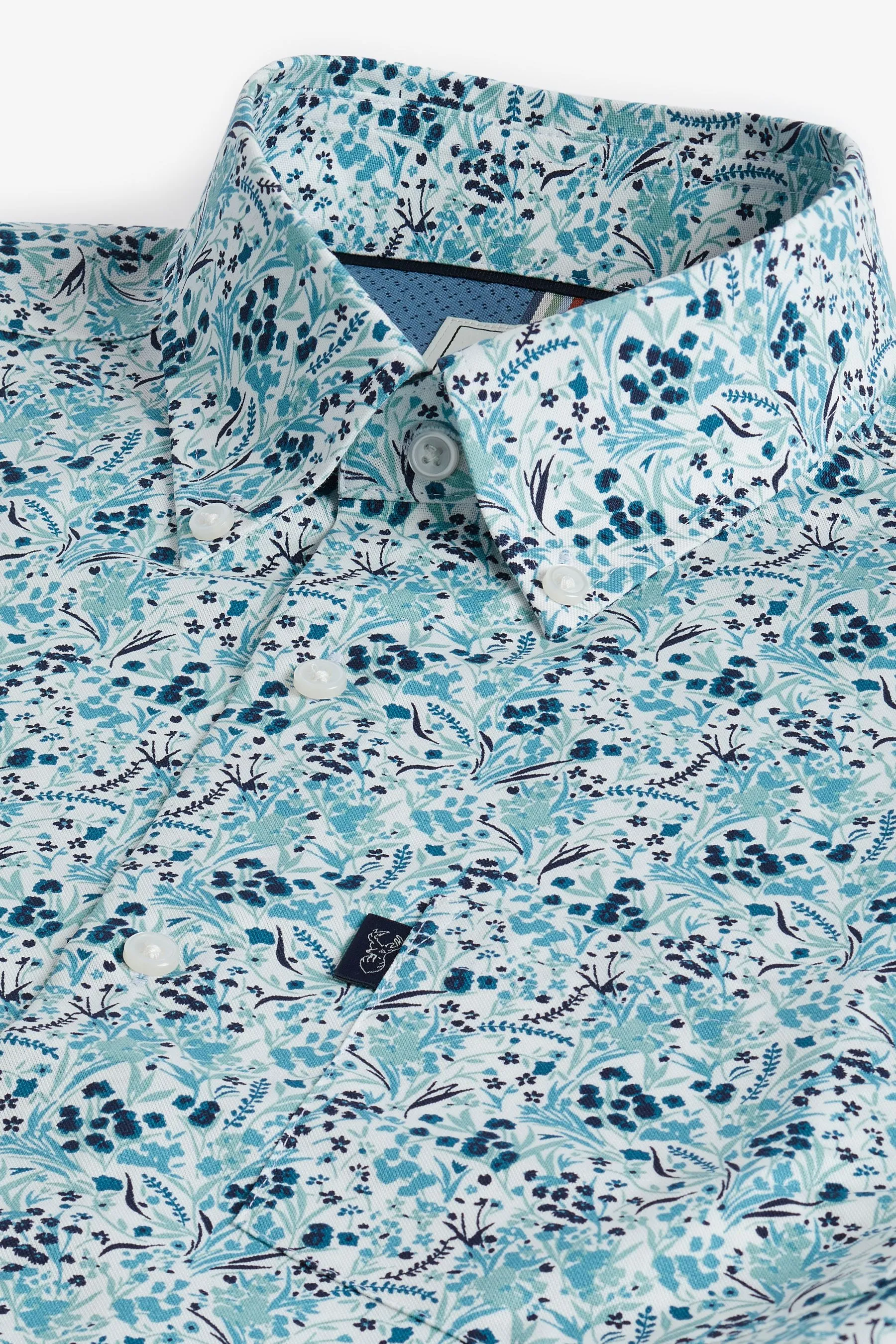 White/Blue Ditsy Floral Regular Fit Easy Iron Long Sleeve Single Cuff Printed Oxford Shirt