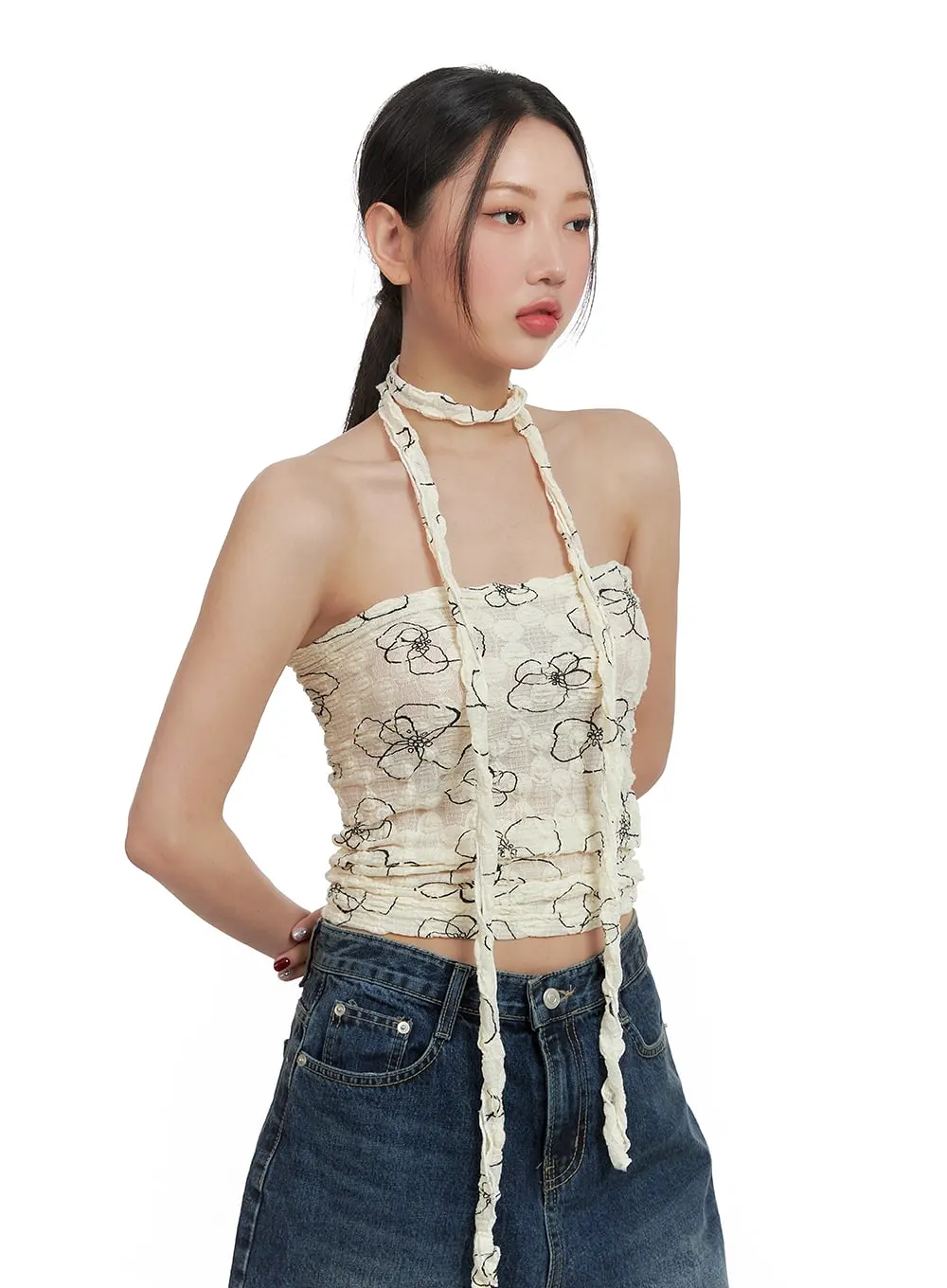 Wrinkled Floral Tube Top with Scarf CA415