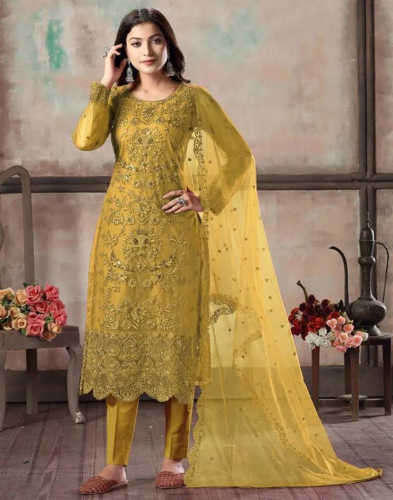 Yellow Plain Net Unstitched Salwar Suit Material