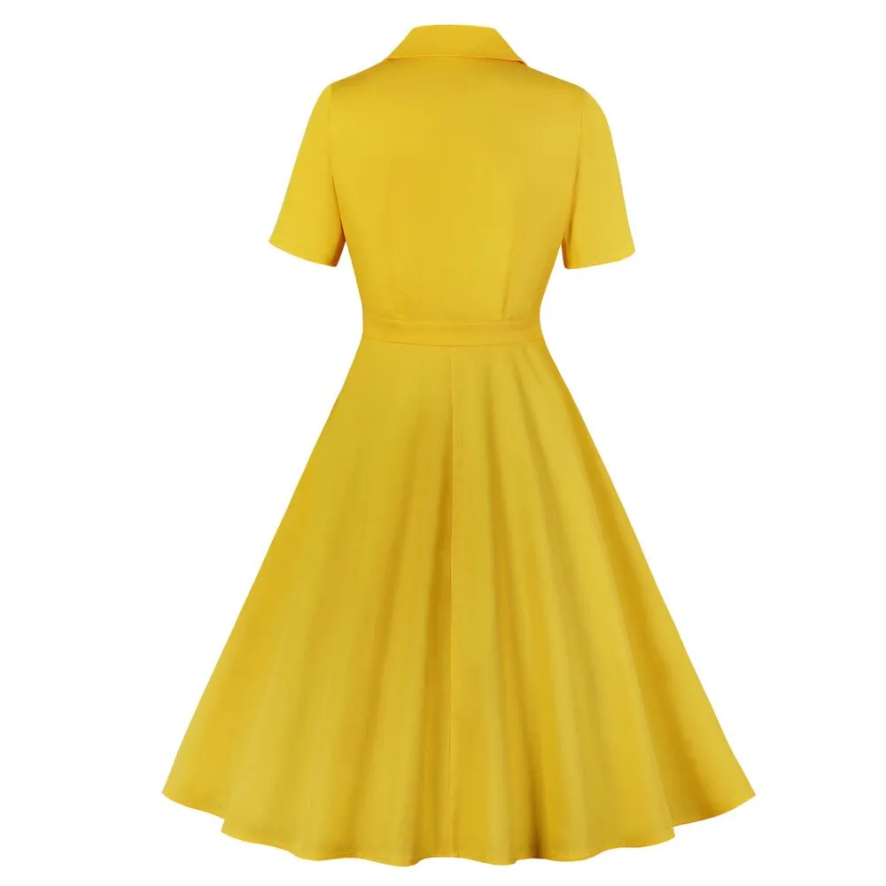 Yellow Summer Short Sleeve Turn Down Collar Cotton Robe Pin Up Swing Vintage 50s 60s Retro Dresses