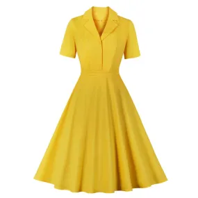 Yellow Summer Short Sleeve Turn Down Collar Cotton Robe Pin Up Swing Vintage 50s 60s Retro Dresses