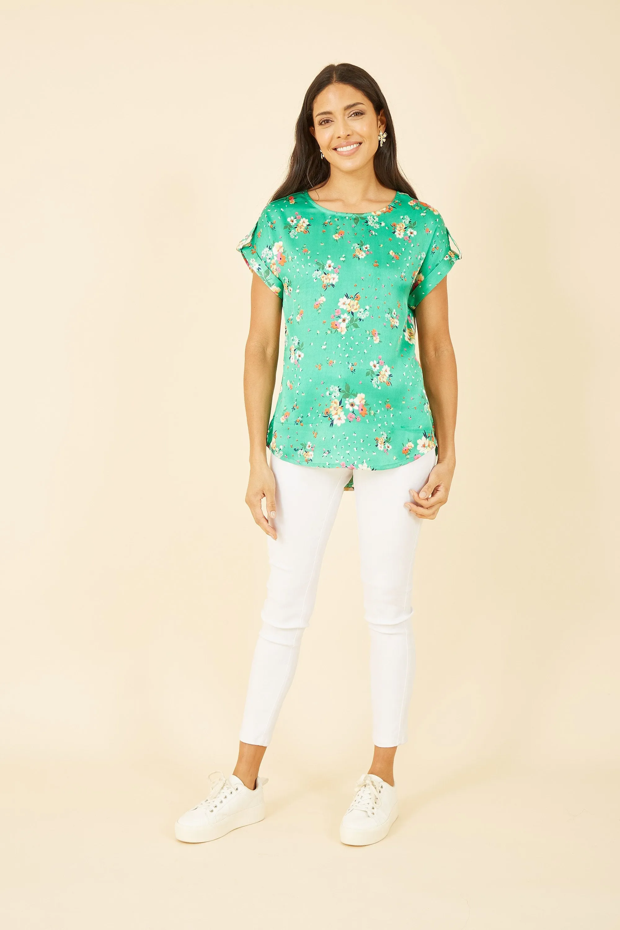 Yumi Green Satin Floral Relaxed Fit Top