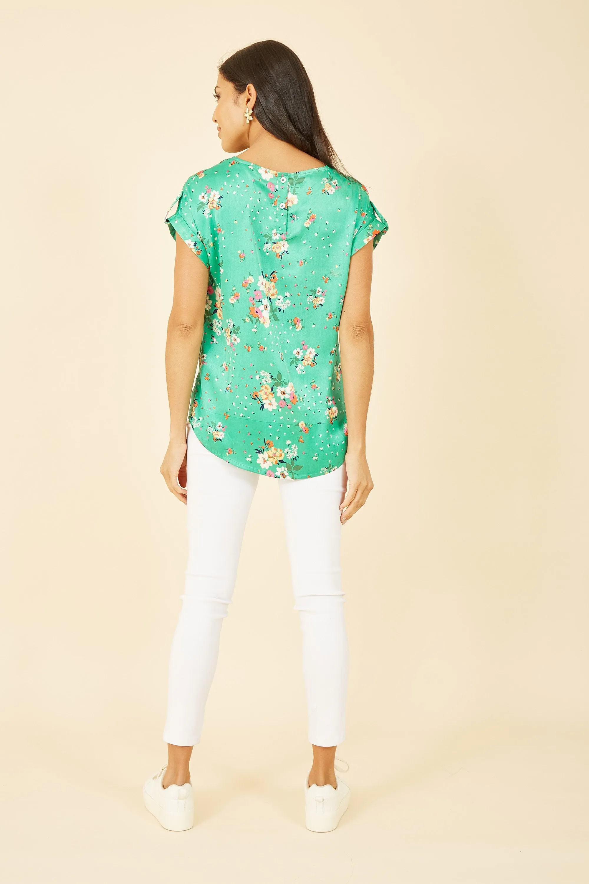 Yumi Green Satin Floral Relaxed Fit Top